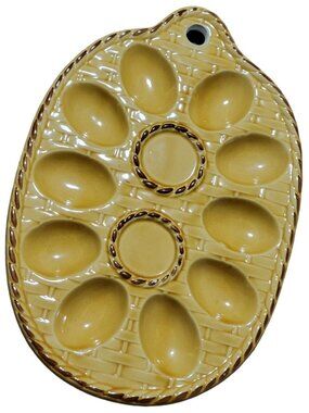 Ceramic Deviled Egg Platter Yellow Brown Basket Weave 10 Halves Spot For S&P Vtg